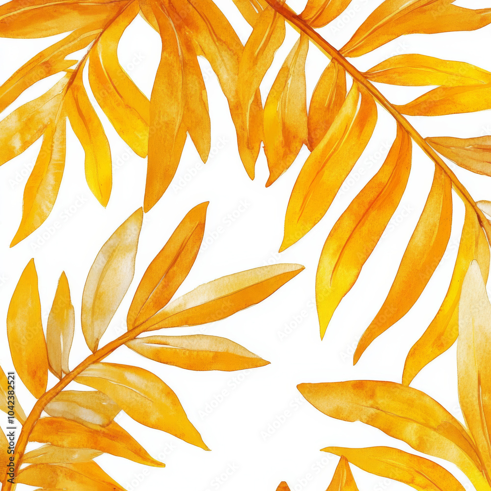 Bright tropical leaves in shades of yellow and orange, painted in soft watercolor strokes. The abstract dry leaves are set on an isolated white background, creating a striking yet minimalist design Bright tropical leaves in shades of yellow and orange, painted in soft watercolor strokes. The abstract dry leaves are set on an isolated white background, creating a striking yet minimalist design