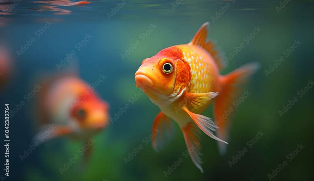 Goldfish swimming gracefully under water with a colorful blue-green background Goldfish swimming gracefully under water with a colorful blue-green background