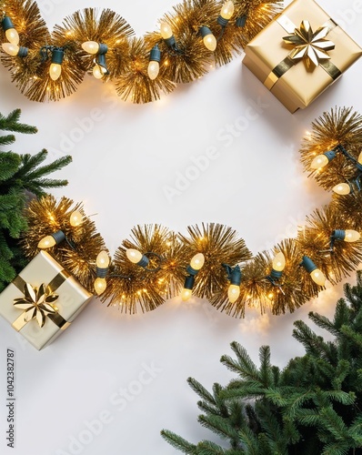 Christmas banner featuring a sparkling garland of Xmas lights in golden tones.