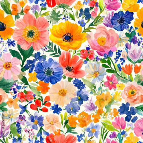 A vibrant seamless floral pattern featuring a variety of watercolor flowers in bright summer hues. The intricate hand-painted blooms create a lively and cheerful backdrop, perfect for fabric prints,