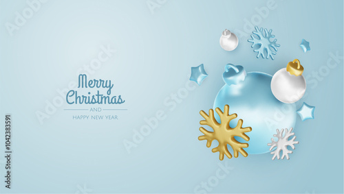 Happy New Year and Merry Christmas. Christmas holiday background with realistic 3d objects, Gift boxes, Christmas balls, snowflakes, conical metal stars.