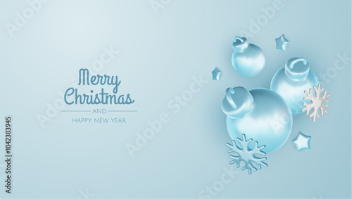 Happy New Year and Merry Christmas. Christmas holiday background with realistic 3d objects, Gift boxes, Christmas balls, snowflakes, conical metal stars.