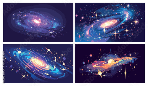 Spiral galaxy set. Deep space background with shining stars milky way, cosmic scene vector illustration