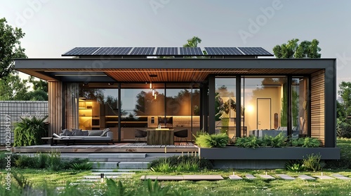 A modern, sustainable home with solar panels on the roof, large windows, and a spacious patio.