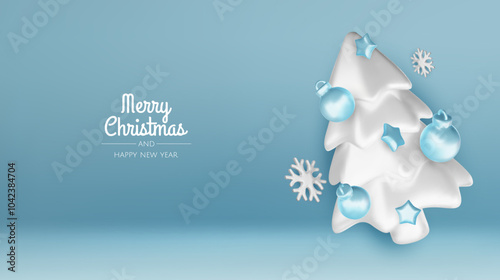 Happy New Year and Merry Christmas. Christmas holiday background with realistic 3d objects, Gift boxes, Christmas balls, snowflakes, conical metal stars.