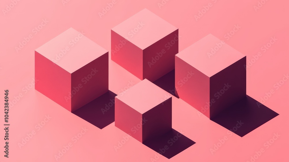 Four Pink Cubes with Distinct Shadows on Pink Background Four Pink Cubes with Distinct Shadows on Pink Background