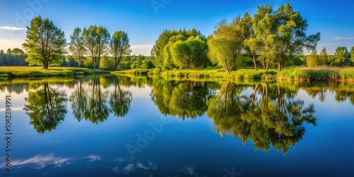 Reflective lake surrounded by trees and grass