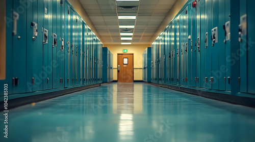A corridor lined with teal ...