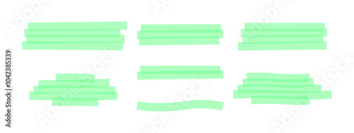 Set of green highlight marker lines. Various transparent freedrawn pen or brush underlines for important text or emphasis selection isolated on white background. Vector realistic illustration.