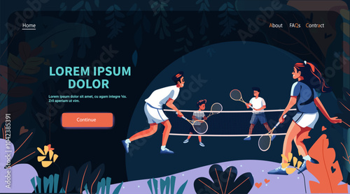 Family playing tennis outdoors teamwork. Parents and children engage in a doubles match surrounded by stylized plants and leaves. Website landing page design