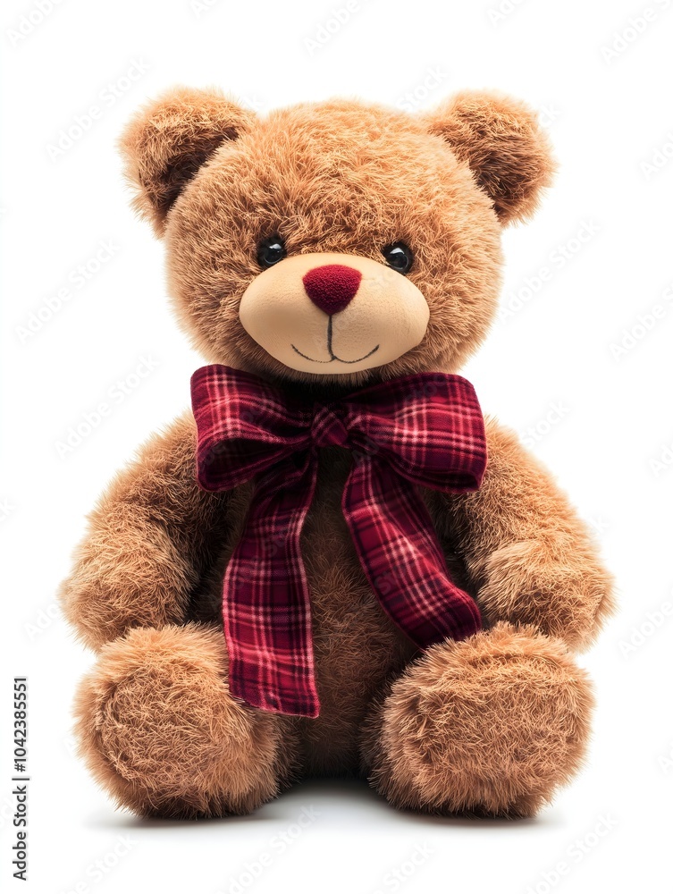 Obraz premium Adorable Teddy Bear with Red Plaid Bow Tie – Perfect for Holiday Gifts, Children’s Toys, and Cute Decorations. Soft Plush Bear for Celebrations and Festive Design