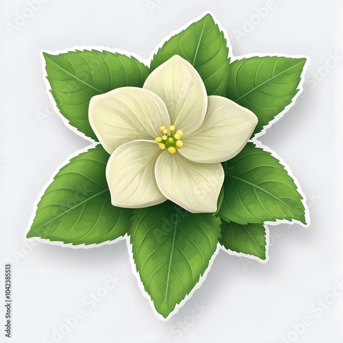 A beautiful white flower with vibrant green leaves, symbolizing purity and freshness.