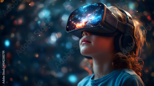 Child wearing VR headset, i...
