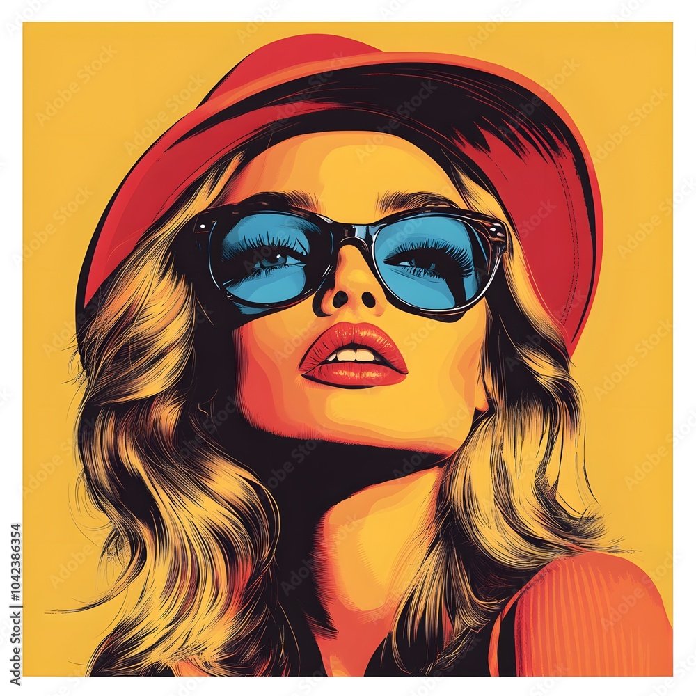 Stylish young woman with blonde hair wearing blue sunglasses and a red hat, exuding confidence against a vibrant yellow backdrop.