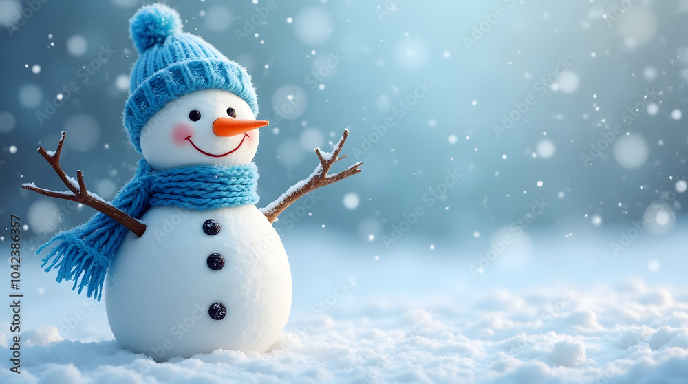 Snowman in hat and scarf on snowy background. Christmas and New Year concept. Snowman in hat and scarf on snowy background. Christmas and New Year concept.