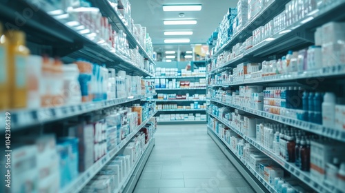 Pharmacy shelves with various products in bright lighting