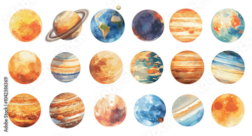 Watercolor solar system planets set. Mercury Venus Earth Mars Jupiter Saturn Uran Neptun, hand drawn space vector illustration