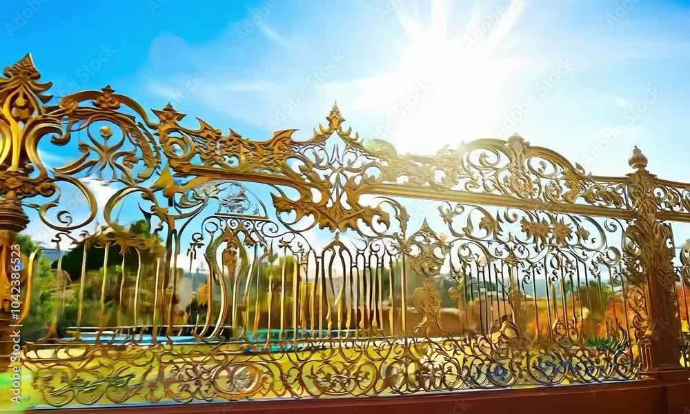 Tracking shot with vibrant, midday colors: The camera starts with a close-up of a metal fence with decorative elements. It then tracks back to show the full fence with vibrant, midday colors highlight