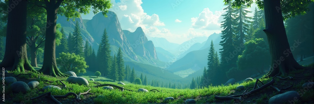 Obraz premium A breathtaking landscape of lush greenery and majestic mountains, perfect for nature, travel, and wellness themes.