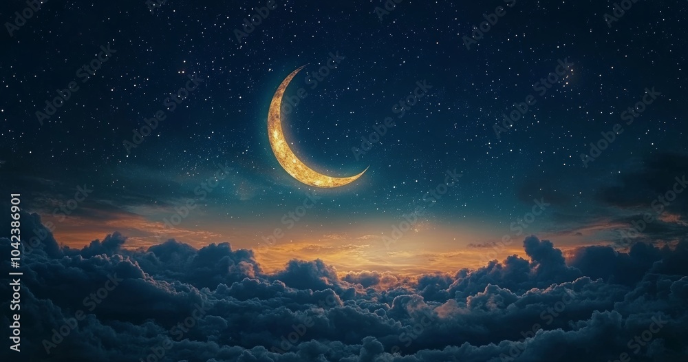 Obraz premium A crescent moon glows brightly in the night sky, surrounded by fluffy clouds and twinkling stars.