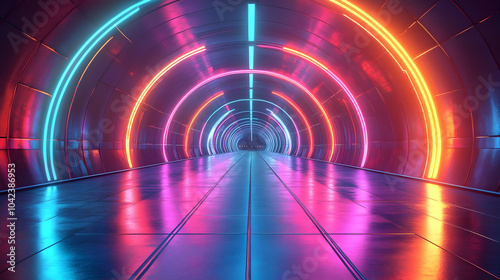 A vibrant tunnel illuminated with colorful neon lights.