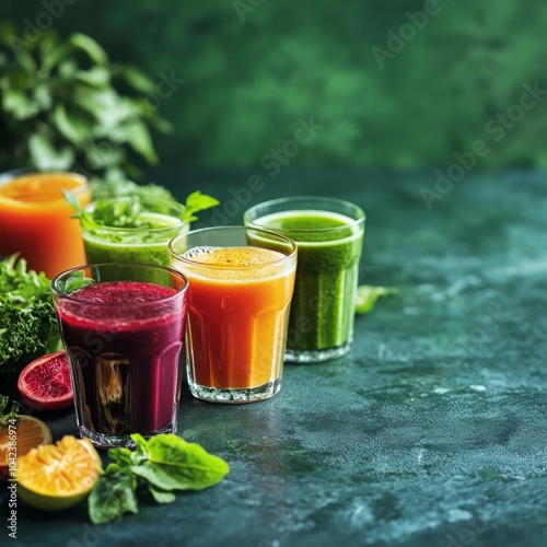 Juices & foods on green background