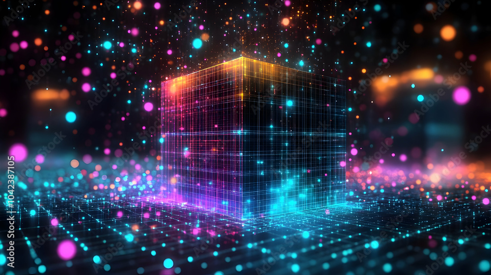 Fototapeta premium A glowing cube surrounded by vibrant particles in a digital space.