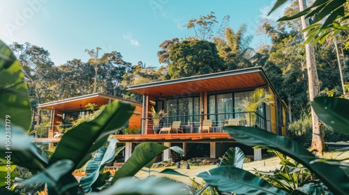 Modern and sustainable cabins with expansive glass windows surrounded by a vibrant natural setting, offering a seamless integration of comfort and nature.