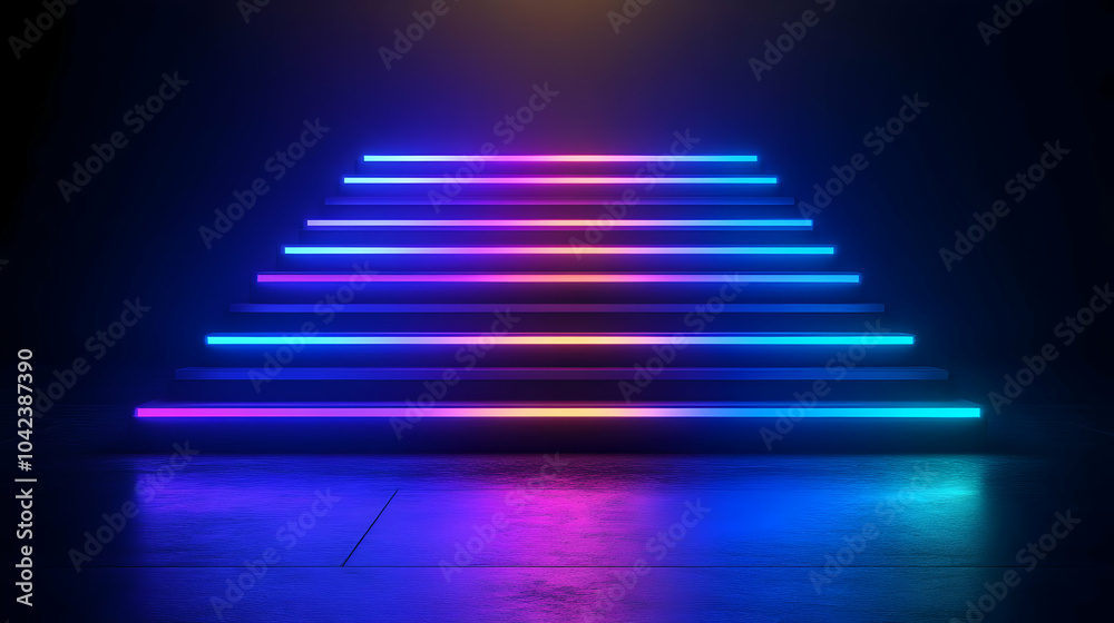 Neon-lit stairs create a vibrant and modern visual effect. Neon-lit stairs create a vibrant and modern visual effect.
