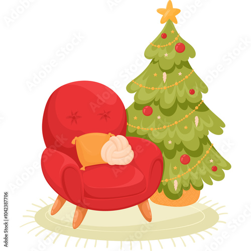 Red armchair with cushions near a Christmas tree, isolated on a white background. Christmas interior. Christmas vector flat illustration.