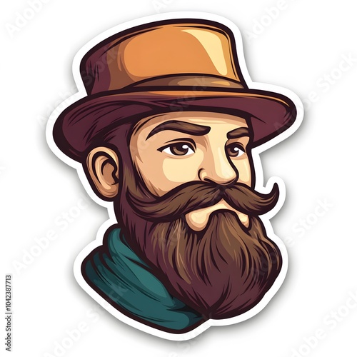 Stylized portrait of a Caucasian man with a mustache, wearing a brown hat and teal scarf, exuding vintage charm.