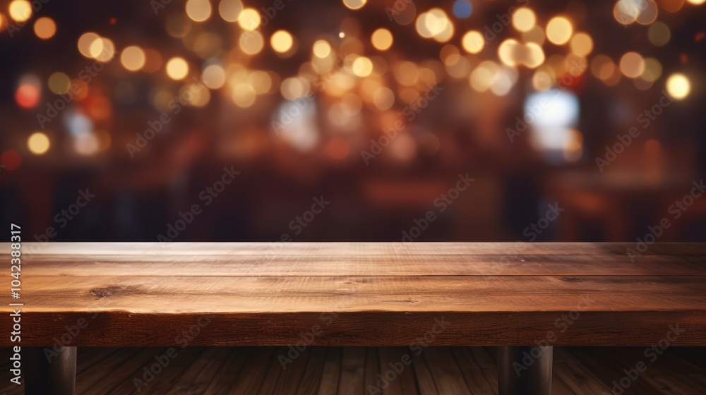 Empty wooden table top with blurred background of music restaurant interior Empty wooden table top with blurred background of music restaurant interior