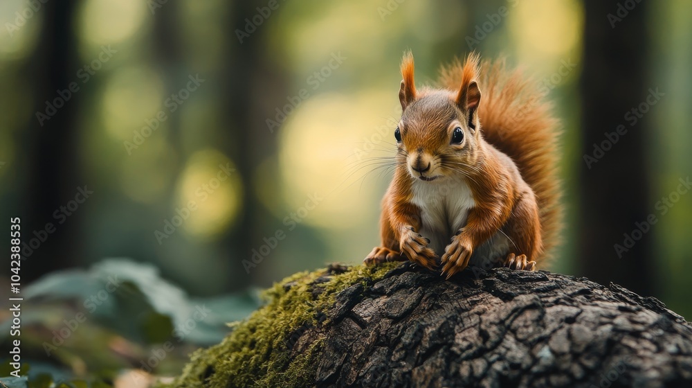 A curious red squirrel sits on a mossy log in a forest, looking directly at the camera. A curious red squirrel sits on a mossy log in a forest, looking directly at the camera.