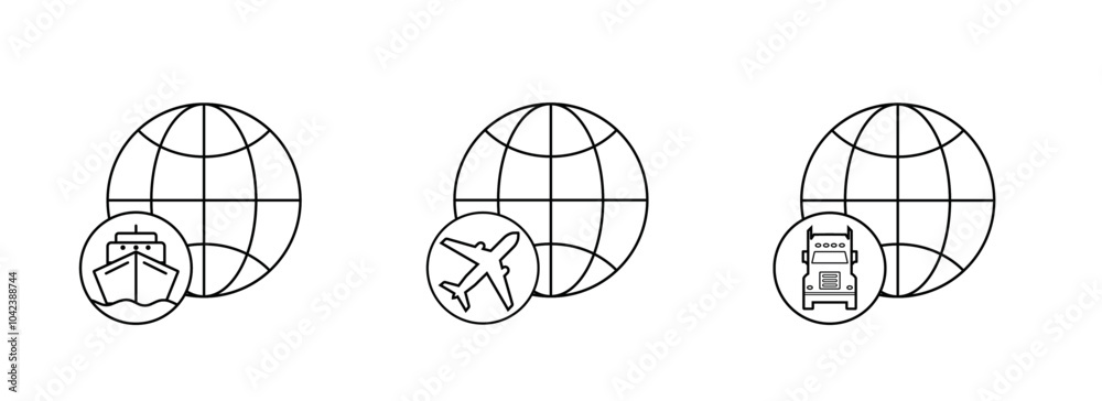 International transportation icons. Set of icons representing different modes of international transportation. Maritime, air, and land transport. Editable stroke. Vector illustration.	