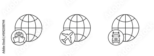 International transportation icons. Set of icons representing different modes of international transportation. Maritime, air, and land transport. Editable stroke. Vector illustration.	