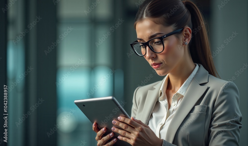A focused businesswoman in glasses reviews information on her tablet, embodying professionalism and modern technology in a corporate setting. A focused businesswoman in glasses reviews information on her tablet, embodying professionalism and modern technology in a corporate setting.