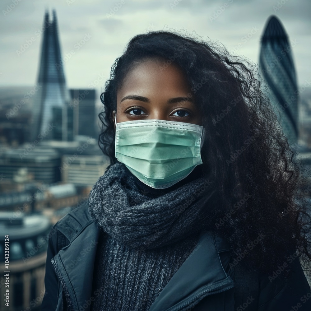 Young woman in London wears mask for health. Young woman in London wears mask for health.