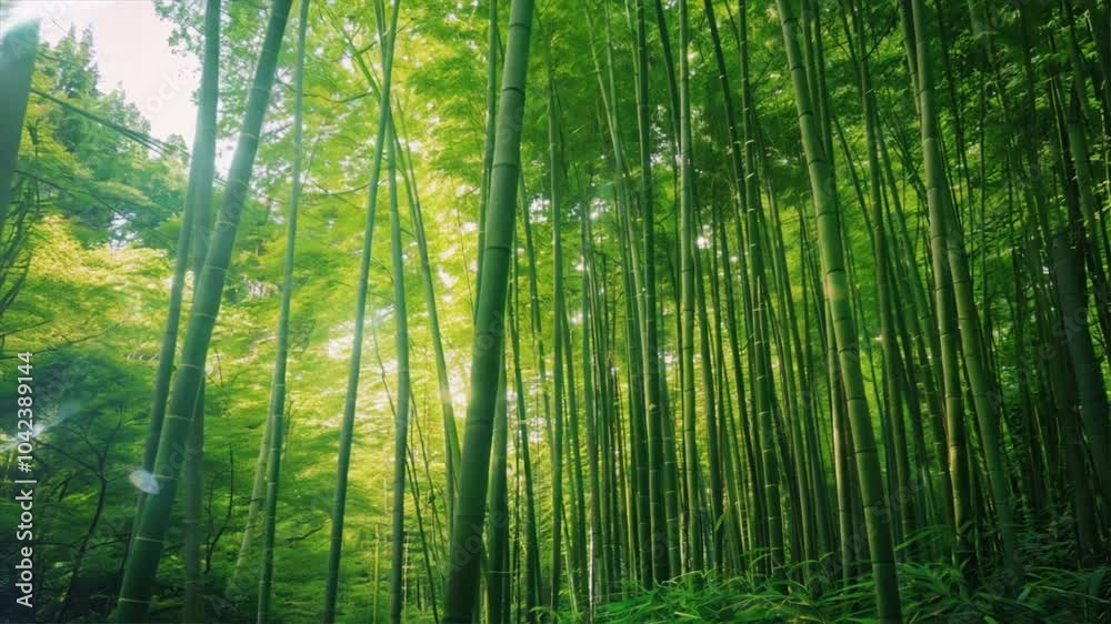 Lush green bamboo forest with tall stalks and vibrant foliage, where sunlight filters through leaves, creating serene and tranquil atmosphere in nature. Lush green bamboo forest with tall stalks and vibrant foliage, where sunlight filters through leaves, creating serene and tranquil atmosphere in nature.