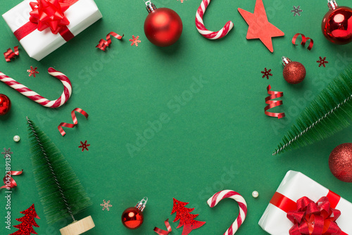 Christmas decor, gift boxes and confetti on color background, top view. Copy space for design