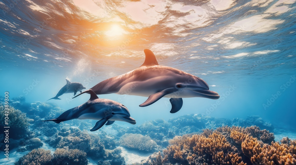 Fototapeta premium Joyful Dolphin Family: Playful Dolphins Swimming in Crystal Clear Waters Near Coral Reef Under Sunlit Sky