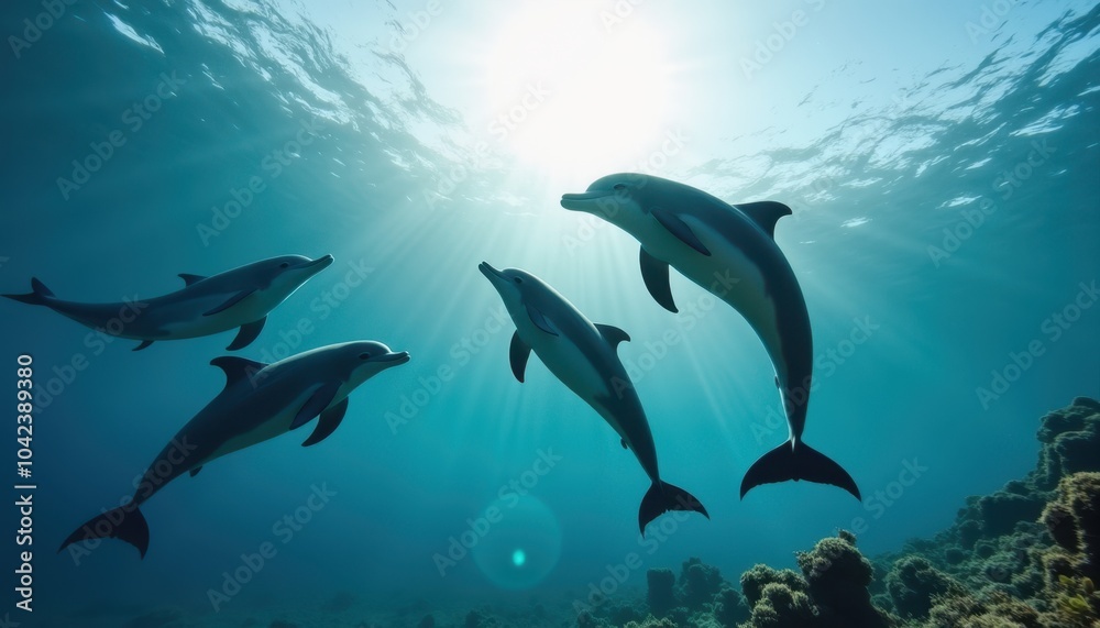 Joyful Dolphin Family: Playful Dolphins Swimming in Crystal Clear Waters Near Coral Reef Under Sunlit Sky Joyful Dolphin Family: Playful Dolphins Swimming in Crystal Clear Waters Near Coral Reef Under Sunlit Sky
