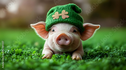 A cute piglet wearing a gre...