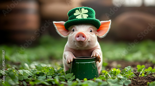 A cute piglet wearing a gre...