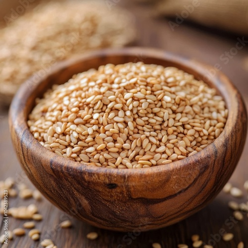 Whole sesame in wooden dish. photo