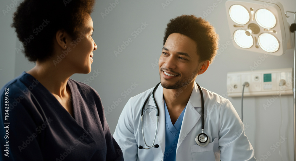 Doctor patient consultation in medical examination room with healthcare professional smiling Doctor patient consultation in medical examination room with healthcare professional smiling