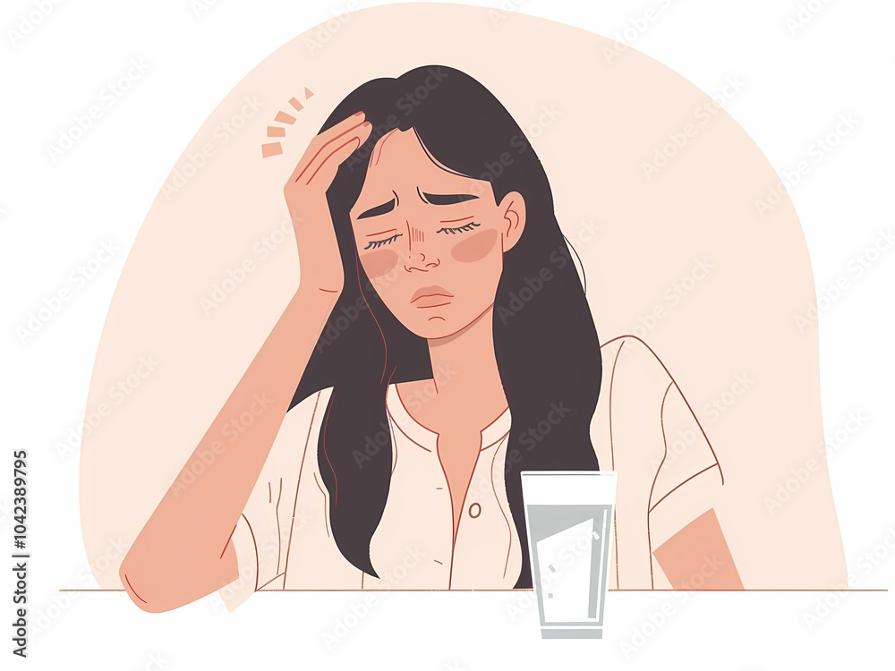 AI-Generated image of A woman is holding her head in her hands and there is a glass of water next to her AI-Generated image of A woman is holding her head in her hands and there is a glass of water next to her