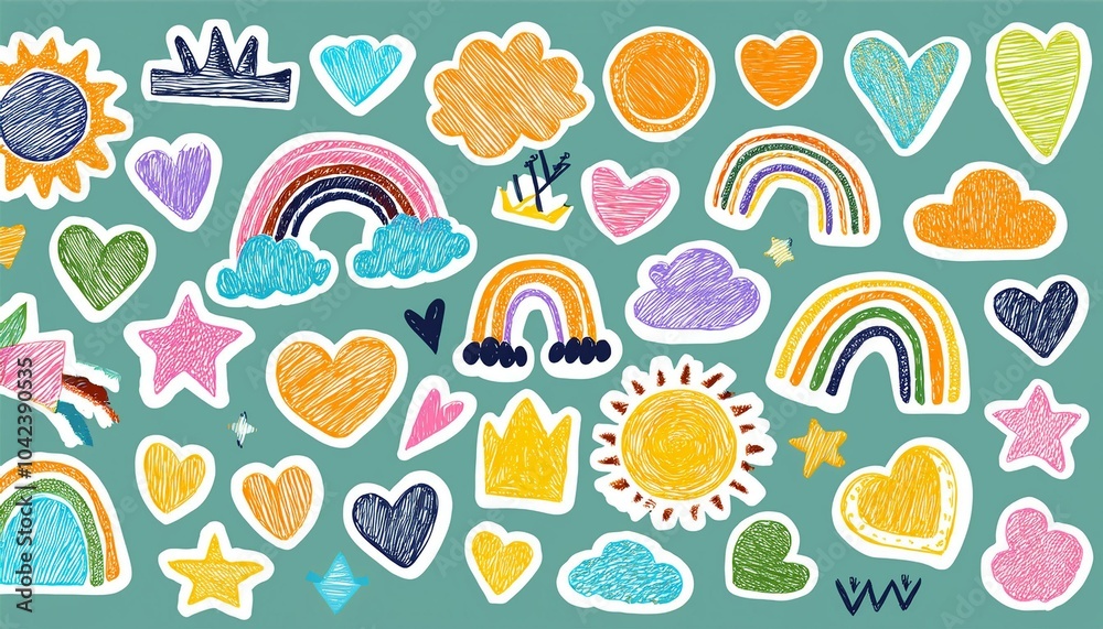 Naive playful abstract doodle shapes sticker pack in childish style. Colored crayon drawn by a kid Naive playful abstract doodle shapes sticker pack in childish style. Colored crayon drawn by a kid