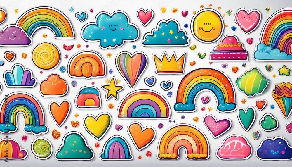 Naive playful abstract doodle shapes sticker pack in childish style. Colored crayon drawn by a kid Naive playful abstract doodle shapes sticker pack in childish style. Colored crayon drawn by a kid