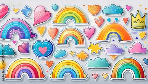 Naive playful abstract doodle shapes sticker pack in childish style. Colored crayon drawn by a kid 