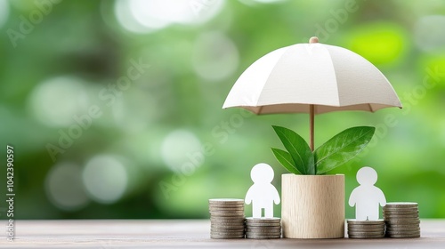 Wallpaper Mural A protective umbrella over a plant and paper figures, symbolizing financial security and growth, with coins representing investment. Torontodigital.ca
